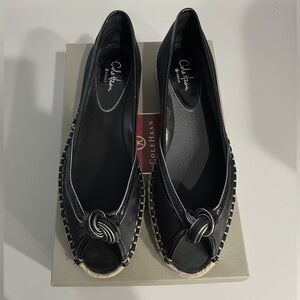 Cole Haan G Series Black Satin Espadrille Peep-Toe Flats